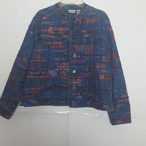 Chicos Applique Embroidered Denim Jean Jacket SZ 1